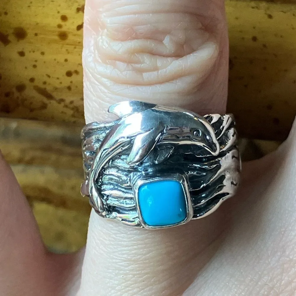 Sleeping Beauty Turquoise Sterling Silver Dolphin Ring Size 7